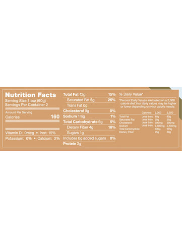 Energy Bar, Carob Vegan, 2oz, Rawmantic, Nutrition Facts