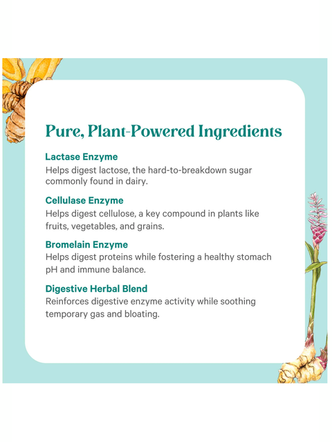 List of digestive enzymes with plant-based ingredients on a light blue background for Enzyme Power, 90 Caps, by Pure Synergy