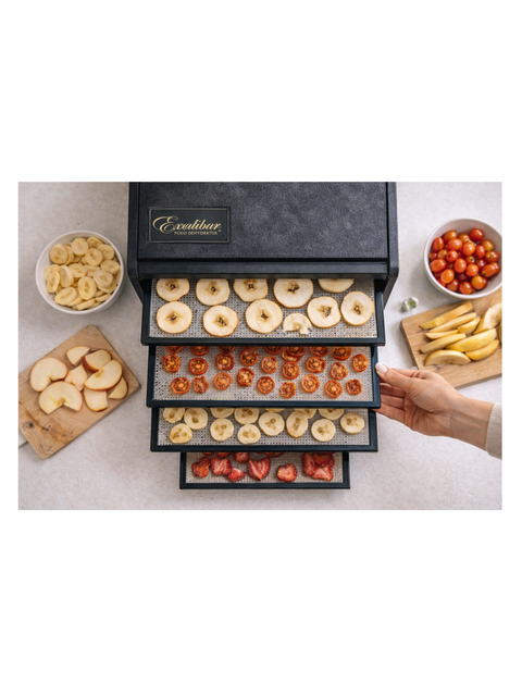 Excalibur food dehydrator with various types of dried fruits and vegetables on a white surface.