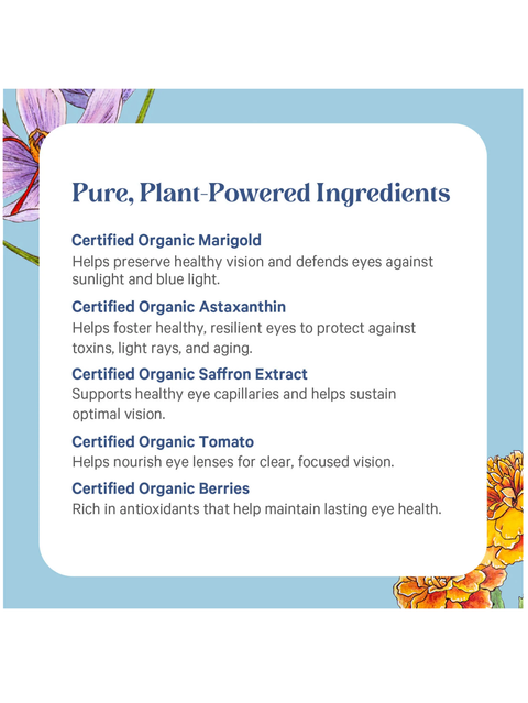List of pure, plant-powered ingredients with corresponding benefits on a blue background with floral elements.