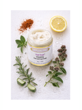 Jar of Feet Treat, 4oz, Simply Divine Botanicals surrounded by herbs and a lemon on a white background