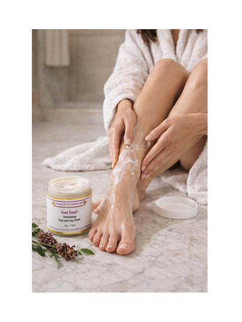 Person applying foot cream to their feet with a jar of Feet Treat, 4oz, Simply Divine Botanicals in the foreground.