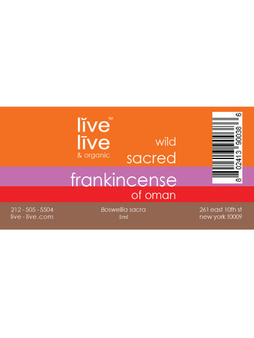 Frankincense Sacred of Oman Essential Oil, Boswellia sacra, 5ml, Live Live & Organic, Label