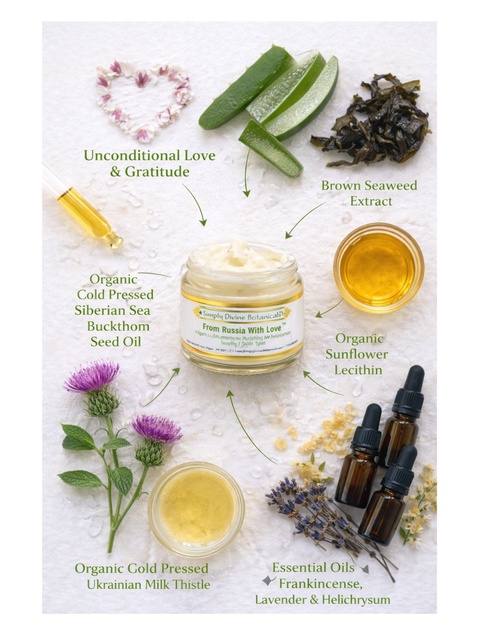 From Russia With Love, Regenerating Moisturizer, 2oz, Simply Divine Botanicals with ingredients and their names on a white background