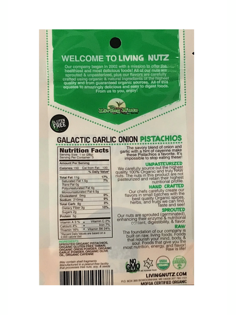 Galactic Garlic Onion Pistachios, Organic & Sprouted, Living Nutz, back of packaging