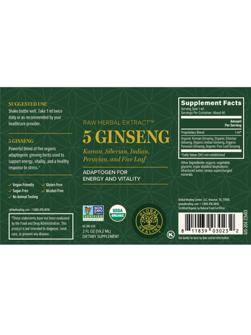 5 Ginseng, Energy Support, 2oz, Global Healing, Label