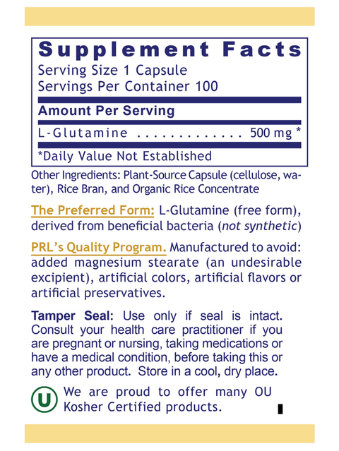 Supplement facts for Glutamine Premier, 100 Veg Caps, Premier Research Labs