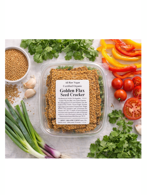 Golden Flax Crackers, 4oz, Glaser Organic Farms with ingredients on a white background