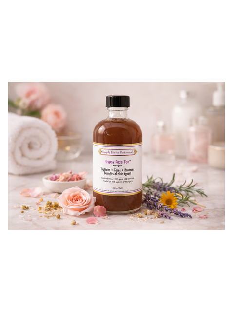 Gypsy Rose Tea, 8oz, Simply Divine Botanicals, on a tabletop with roses and herbs