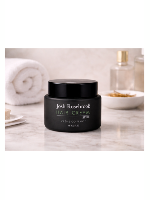 Black jar of Josh Rosebrook hair cream on a marble surface with towels and a bowl in the background.