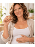 Woman holding a bottle of Progest E Oil, Smiling.