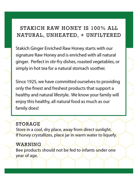 Raw Honey with Ginger, 12oz, Stakich, about and storage