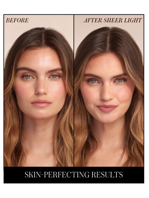 Before and after comparison of a woman's face with Hydra Setting Powder by RMS Beauty application, showing skin-perfecting results.
