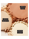 Three shades of Hydra Setting Powder by RMS Beauty labeled 'Sheer Deep', 'Sheer Medium', and 'Sheer Light' on a beige background.