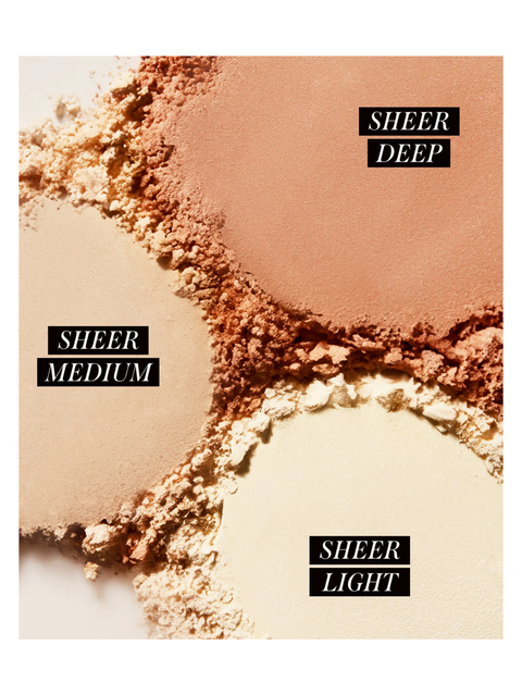 Three shades of Hydra Setting Powder by RMS Beauty labeled 'Sheer Deep', 'Sheer Medium', and 'Sheer Light' on a beige background.