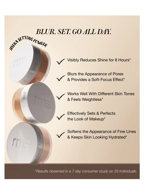Hydra Setting Powder by RMS Beauty with text highlighting features on a beige background