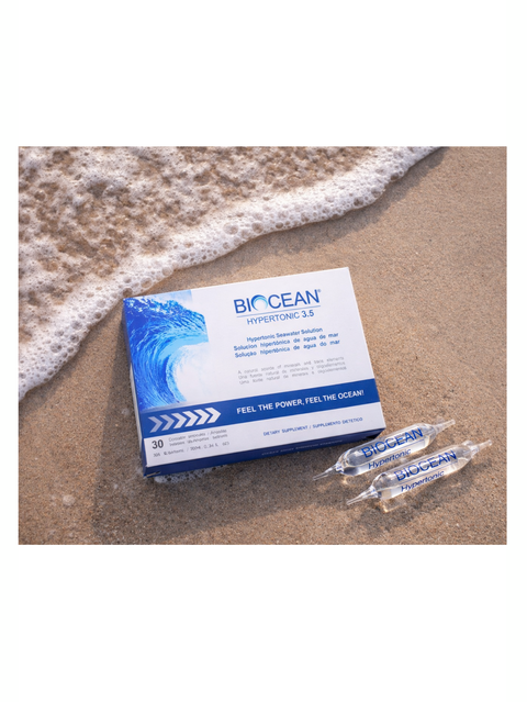 BIOCEAN hyper tonic Ampoules 3.0 packaging on a beach with ocean waves.
