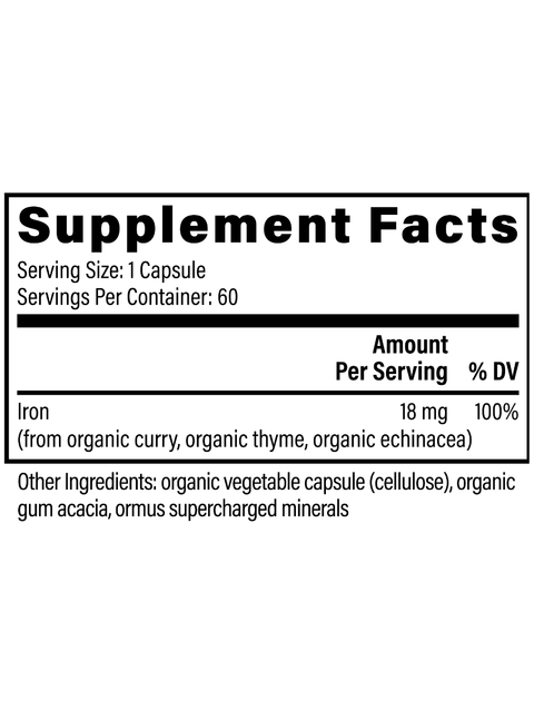 Iron, 60 Caps, Plant Based, Global Healing, Supplement Facts