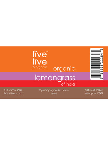 Lemongrass of India Essential Oil, Cymbopogon flexuosus, 10ml, Live Live & Organic, Label