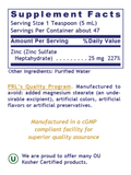 Supplement facts for Liquid Zinc Ultra, 8oz, Premier Research Labs