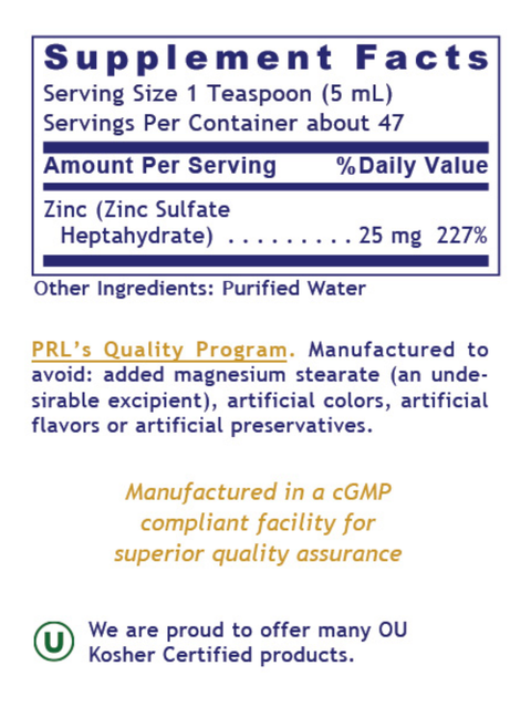 Supplement facts for Liquid Zinc Ultra, 8oz, Premier Research Labs