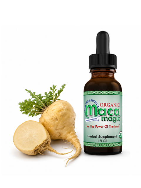 Bottle of Maca Magic organic herbal supplement with a maca root on a white background