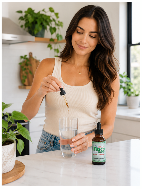 Woman pouring liquid from a dropper into a glass with a bottle of Maca Magic, Organic Liquid Extract, by Herbs America on a kitchen counter.