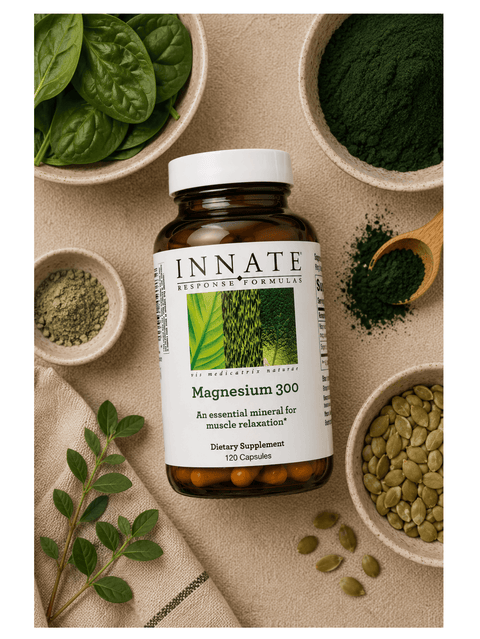 Magnesium 300, 120 Caps, Innate Response Formulas, laying on a table with ingredients around it