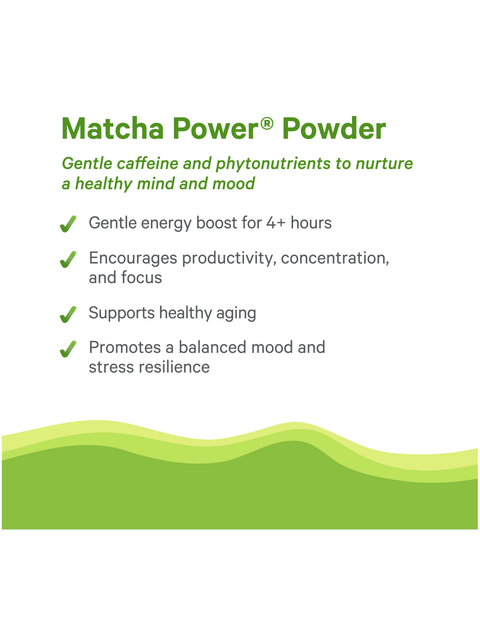 Advertisement for Matcha Power Powder with text about its benefits on a white background.