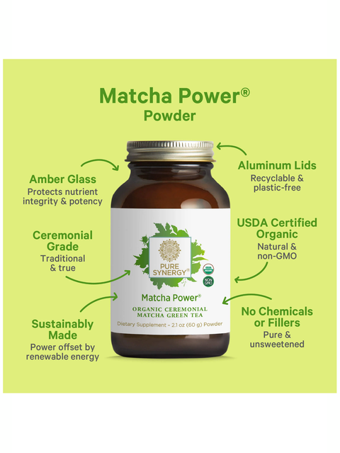 Matcha Power Powder packaging with green background and product details.