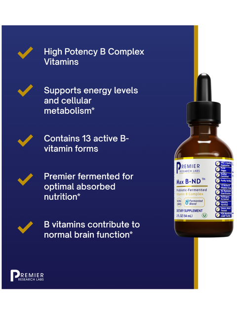 Benefits list for Max B-ND, Fermented B Vitamins, Premier Research Labs