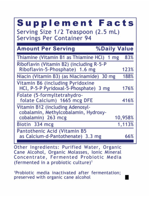 Supplement facts for Max B-ND, Fermented B Vitamins, Premier Research Labs, 8oz