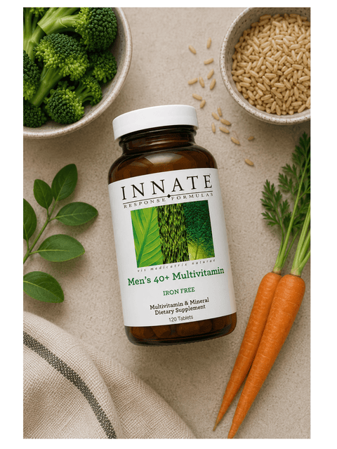Men's 40+ MultiVitamin, 120 Tabs, Innate Response Formulas, laying with ingredients