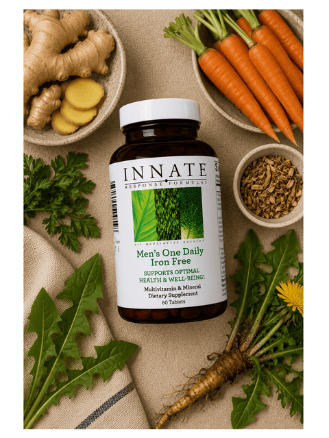 Mens One Daily, 60 Tabs, Iron Free, Innate Response Formulas among ingredients layed on a table