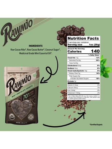 Raw Chocolate Hearts, Mint, 2oz, Rawmio, Nutrition Facts