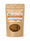 A stand-up kraft paper pouch of Higher Power Nacho Nori Chips on a white background. The pouch has a clear window near the bottom showing the chips inside and a white and orange label on the front.