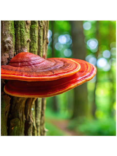 Large red mushroom on a tree trunk in a forest setting
