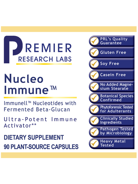 Premier Research Labs Nucleo Immune dietary supplement label with features and benefits listed.