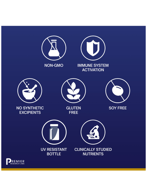 Blue label with white icons and text highlighting Nucleo Immune, 60 Veg Caps, Premier Research Labs product features on a white background.