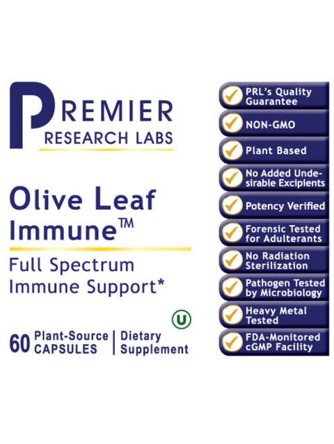 Front label of Olive Leaf Immune, 60 Veg Caps, Premier Research Labs
