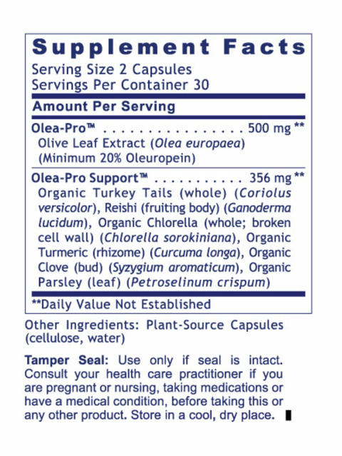 Supplement facts for Olive Leaf Immune, 60 Veg Caps, Premier Research Labs
