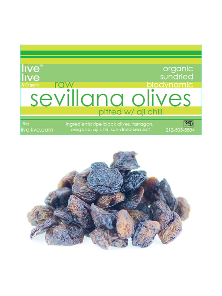 Sevillana Olives with Aji Chili, Pitted, 8oz bag, Live Live & Organic
