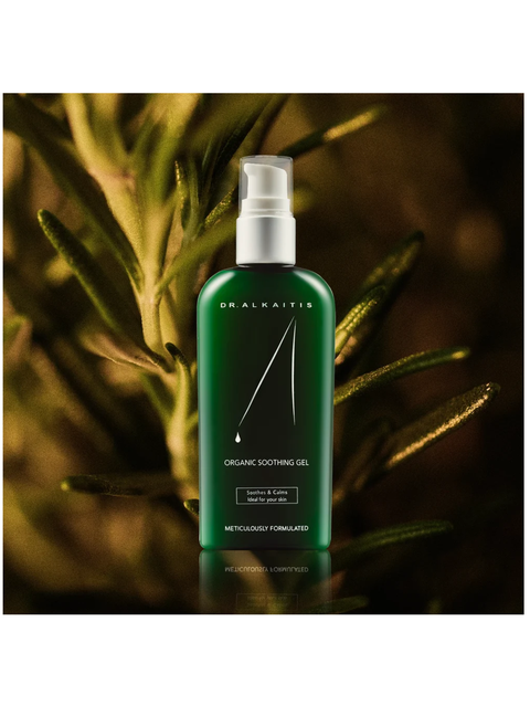 Organic Soothing Gel, Dr Alkaitis on a dark background with green leaves