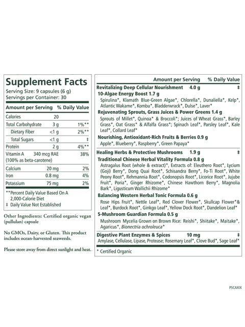 Organic Green Superfood Capsules, 270ct, Pure Synergy, Supplement facts