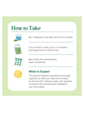 Instructions on how to take Organic Superfood Powder, by Pure Synergy, with icons and text on a green background