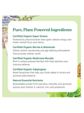 List of pure, plant-powered ingredients in Organic Superfood Powder, by Pure Synergy, with a green border and nature-themed design.