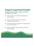 Advertisement for organic superfood powder, by Pure Synergy, with text and green wave design on a white background.