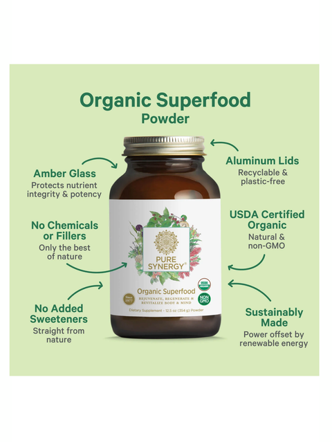 Bottle of Pure Synergy Organic Superfood Powder with green label on a light green background