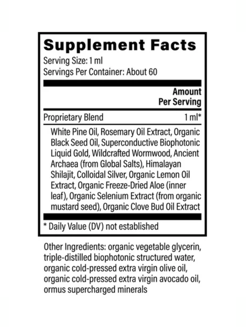 Supplement facts label for Paratrex II, Advanced Detox Support, 2oz, Global Healing, with detailed ingredient list on a white background