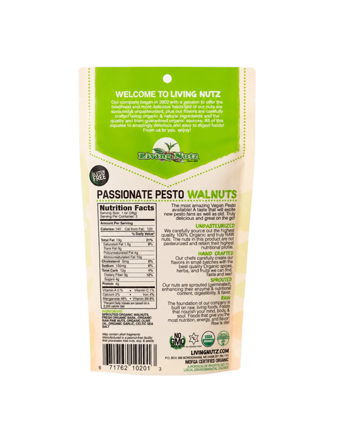 Living Nutz walnuts packaging with green and beige design on a white background